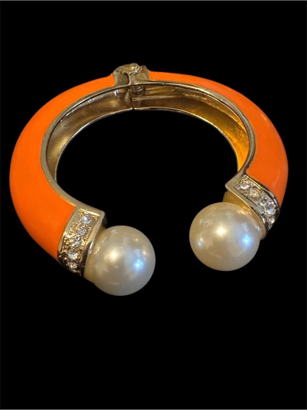 Gold-Tone Orange Enamel Bracelet with Pearl End Caps